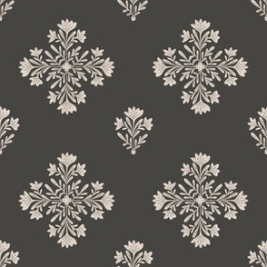 Damask Decorative blossoms in Desert Sand Brown and Midnight Black