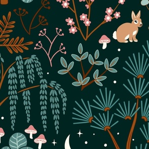 Woodland Night Life - Teal - Large Scale