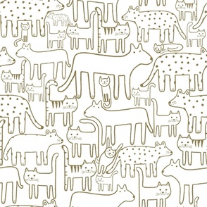 A jumble of cats and dogs outlined in olive on a white bakground