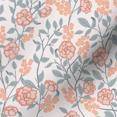 Chinoiserie Trailing florals in Coral and Serenity blue