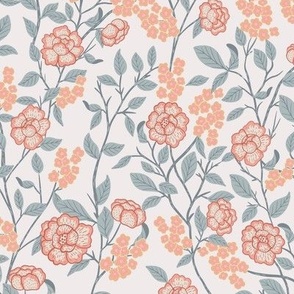 Chinoiserie Trailing florals in Coral and Serenity blue