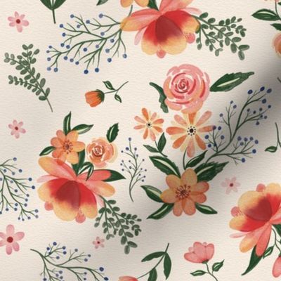 hand-painted vintage watercolor orange floral with twigs  (size small )
