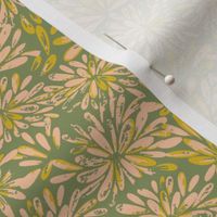 Abstract painterly textured blooms in olive green, blush pink and marigold yellow