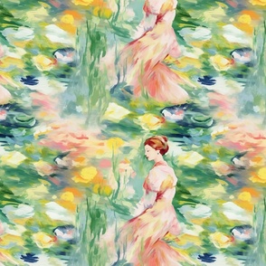 victorian pink lady in the flower garden inspired by claude monet