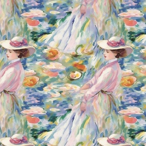 claude monet inspired victorian lady in the waterlily garden