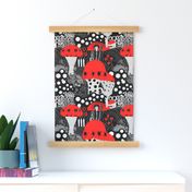 fairy tale mushroom garden in red and black and white