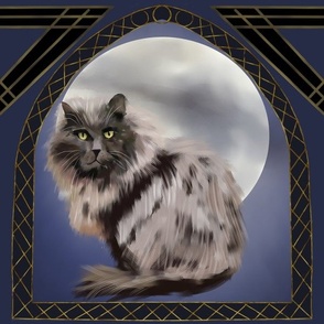 Cat and Moon Large Print,  Art Nouveau, Close Kindred, Dark Blue, Gold Long haired cat