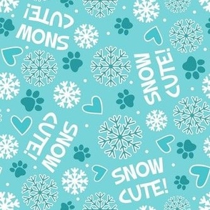 Medium Scale Snow Cute! Winter Snowflakes and Paw Prints in Aqua Blue