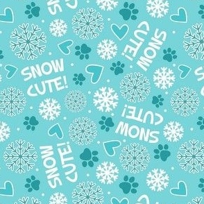 Small-Medium Scale Snow Cute! Winter Snowflakes and Paw Prints in Aqua Blue