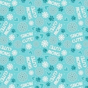 Small Scale Snow Cute! Winter Snowflakes and Paw Prints in Aqua Blue