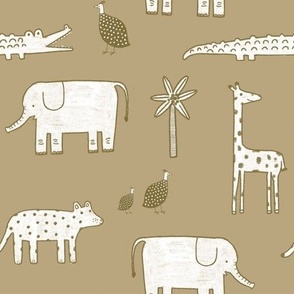 Hand-drawn African animals in white on a khaki background 