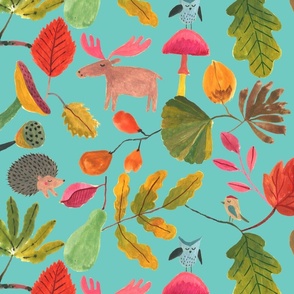 Autumn Woodland animals - teal - Large