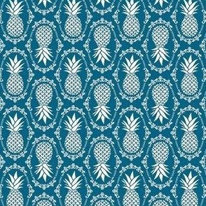 Small Scale Pineapple Fruit Damask Ivory on Peacock Turquoise Blue