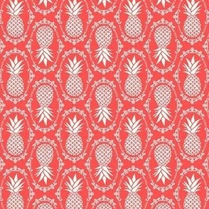 Small Scale Pineapple Fruit Damask Ivory on Coral