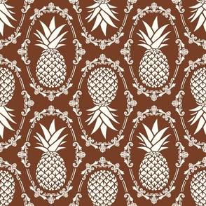 Large Scale Pineapple Fruit Damask Ivory on Cinnamon Brown