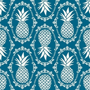 Large Scale Pineapple Fruit Damask Ivory on Peacock Turquoise Blue