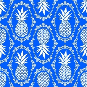 Large Scale Pineapple Fruit Damask Ivory on Cobalt Blue