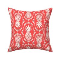 Large Scale Pineapple Fruit Damask Ivory on Coral