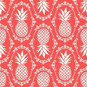 Large Scale Pineapple Fruit Damask Ivory on Coral