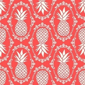 Medium Scale Pineapple Fruit Damask Ivory on Coral