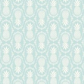 Small Scale Pineapple Fruit Damask Ivory on Sea Glass Pale Aqua Blue