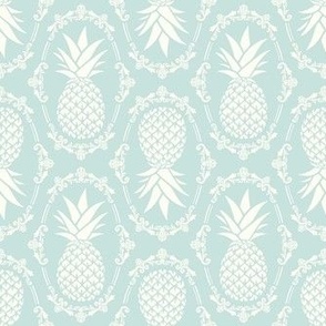 Medium Scale Pineapple Fruit Damask Ivory on Sea Glass Pale Aqua Blue