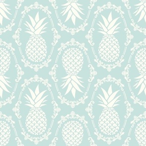 Large Scale Pineapple Fruit Damask Ivory on Sea Glass Pale Aqua Blue