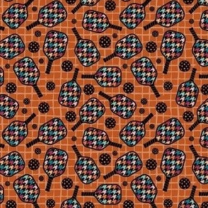 Small Scale Pickleball Paddles and Balls Colorful Houndstooth on Burnt Orange