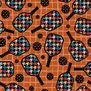 Large Scale Pickleball Paddles and Balls Colorful Houndstooth on Burnt Orange