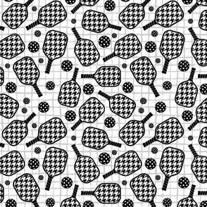 Small Scale Pickleball Paddles and Balls Black and White Houndstooth