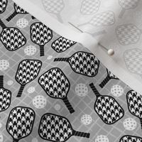 Small Scale Pickleball Paddles and Balls Black and White Houndstooth on Grey