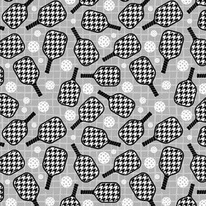 Small Scale Pickleball Paddles and Balls Black and White Houndstooth on Grey