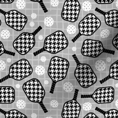 Medium Scale Pickleball Paddles and Balls Black and White Houndstooth on Grey