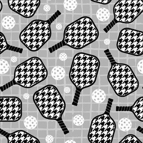 Medium Scale Pickleball Paddles and Balls Black and White Houndstooth on Grey