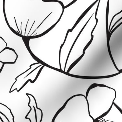 Floral Breeze - White Black Floral Outline Large 