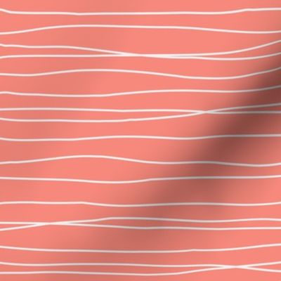 Minimal white wonky lines on coral pink, hand drawn stripes, MEDIUM, 2-3 lines per inch
