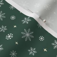 White snowflakes and pale yellow stars against a forest green background