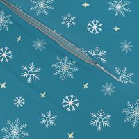 White snowflakes and pale yellow stars against a glacier blue background