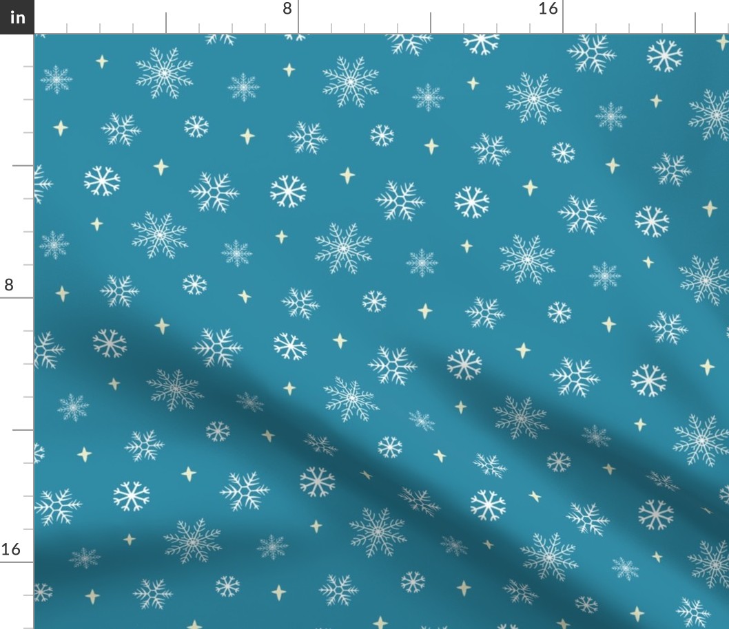White snowflakes and pale yellow stars against a glacier blue background