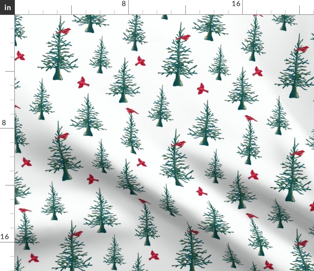 Red (pine grosbeak) arctic birds and evergreen trees on a snowy white background