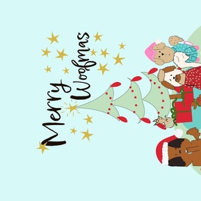 Merry Woofmas Dog Christmas Art in Mint green, Blue, Red and Pink