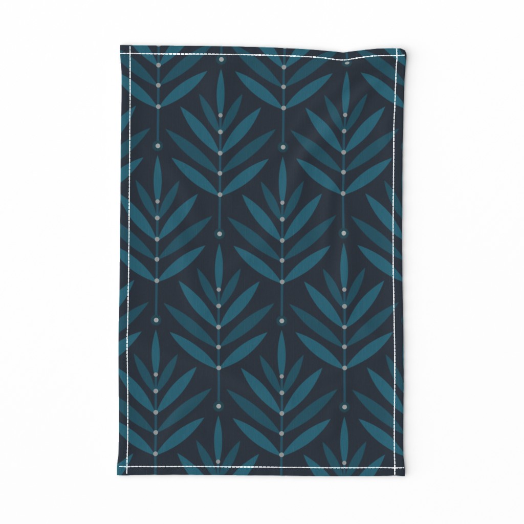 Retro Leaves // big scale 0038 B // Art Deco and Art Nouveau Inspired Symmetrical Aesthetic Surface Pattern from the '70s and '80s leaf dot dots accent contrast  navy blue ombre white teal turquoise