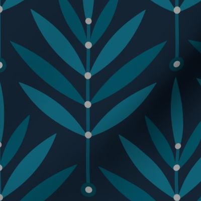 Retro Leaves // big scale 0038 B // Art Deco and Art Nouveau Inspired Symmetrical Aesthetic Surface Pattern from the '70s and '80s leaf dot dots accent contrast  navy blue ombre white teal turquoise