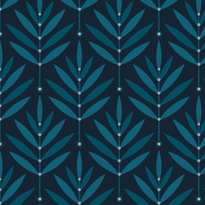 Retro Leaves // big scale 0038 B // Art Deco and Art Nouveau Inspired Symmetrical Aesthetic Surface Pattern from the '70s and '80s leaf dot dots accent contrast  navy blue ombre white teal turquoise