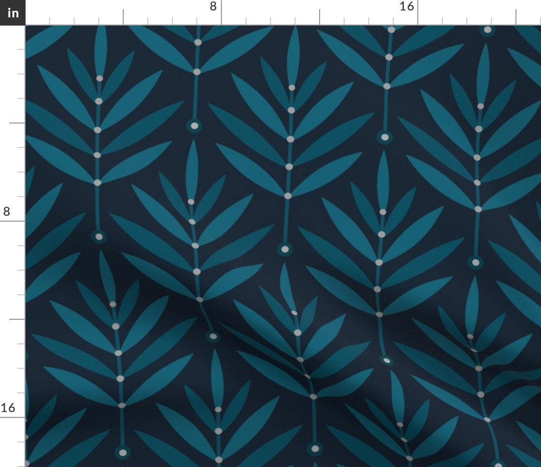 Retro Leaves // big scale 0038 B // Art Deco and Art Nouveau Inspired Symmetrical Aesthetic Surface Pattern from the '70s and '80s leaf dot dots accent contrast  navy blue ombre white teal turquoise