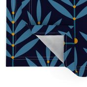 Retro Leaves // big scale 0038 A // Art Deco and Art Nouveau Inspired Symmetrical Aesthetic Surface Pattern from the '70s and '80s leaf dot dots accent contrast  navy blue orange  