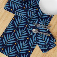 Retro Leaves // big scale 0038 A // Art Deco and Art Nouveau Inspired Symmetrical Aesthetic Surface Pattern from the '70s and '80s leaf dot dots accent contrast  navy blue orange  