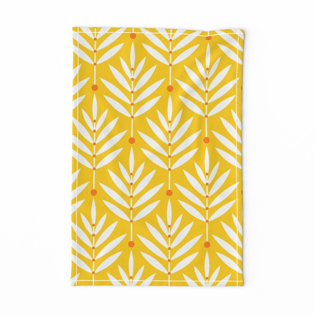 Retro Leaves // big scale 0038 D // Art Deco and Art Nouveau Inspired Symmetrical Aesthetic Surface Pattern from the '70s and '80s leaf dot dots accent contrast  white yellow yellow-white white-yellow orange 