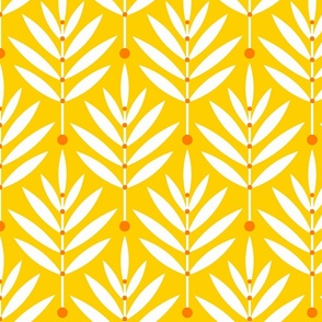 Retro Leaves // big scale 0038 D // Art Deco and Art Nouveau Inspired Symmetrical Aesthetic Surface Pattern from the '70s and '80s leaf dot dots accent contrast  white yellow yellow-white white-yellow orange 