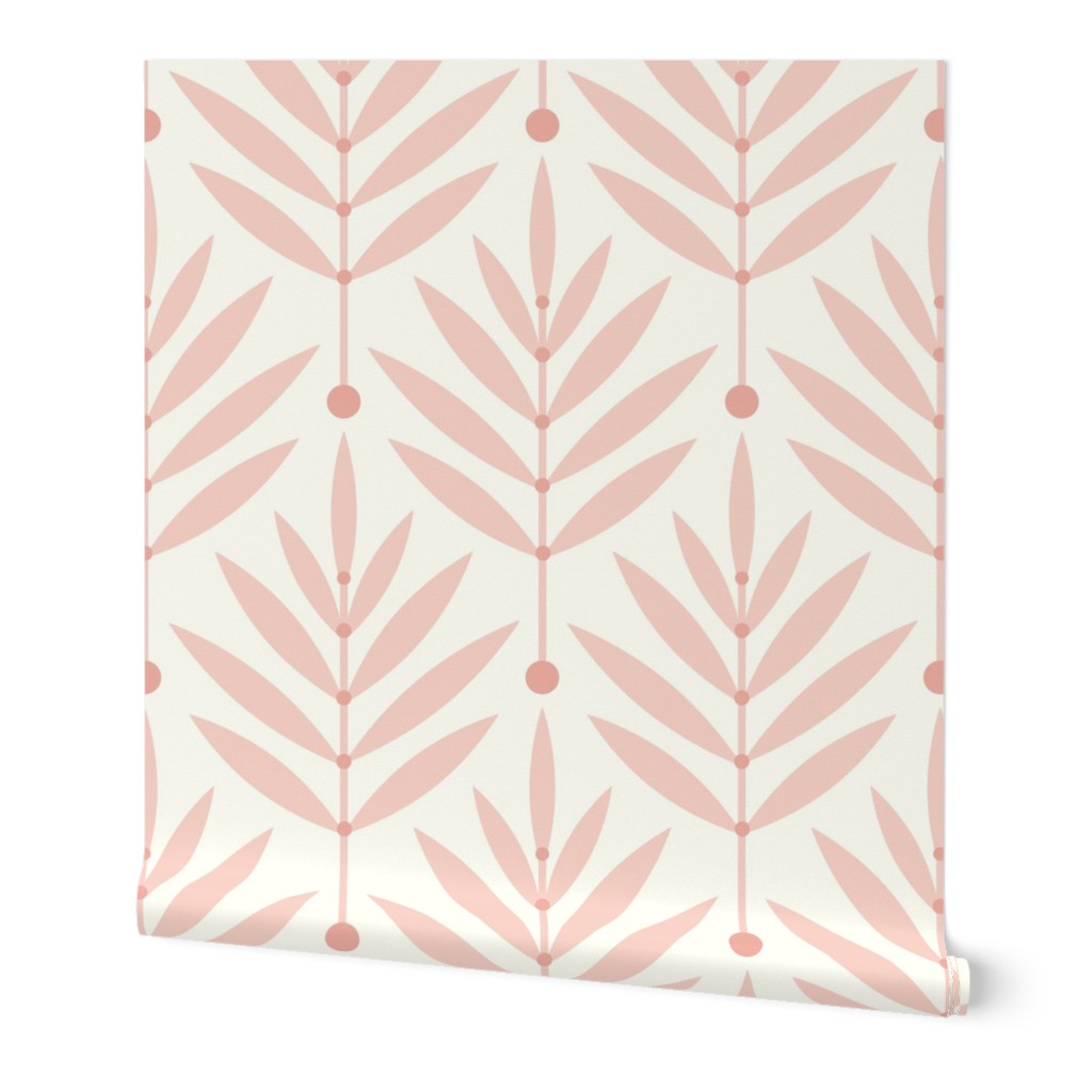 Retro Leaves // big scale 0038 E // Art Deco and Art Nouveau Inspired Symmetrical Aesthetic Surface Pattern from the '70s and '80s leaf dot dots accent contrast  rode pink lightpink pink-pink babypink orange-pink cream harmony silent